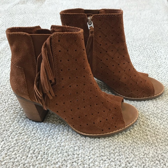 TOMS Majorca Fringe Suede Peep Toe Bootie - Picture 2 of 10